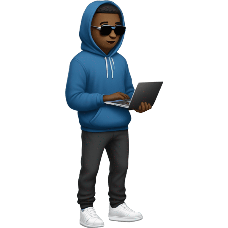 An university student in a blue hoodie with the hood down, black joggers with white sneakers carrying a closed laptop in one of his hand on the side of his body sideways and he is wearing thin sunglasses with black lens.  emoji