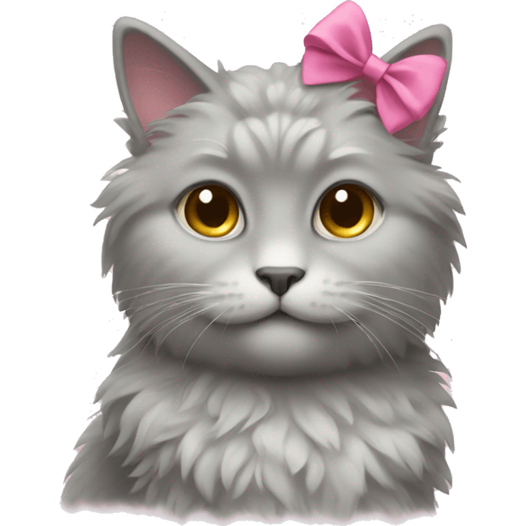 Gray fluffy cat wearing a pink bow emoji