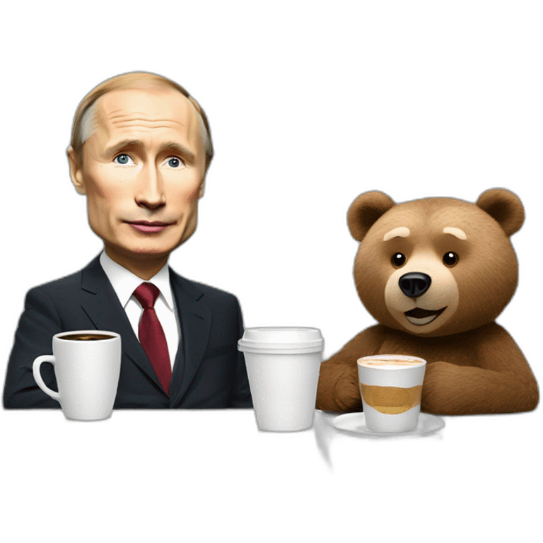 Putin caricature and a Ted Bear as radio talkshow hosts having coffee emoji