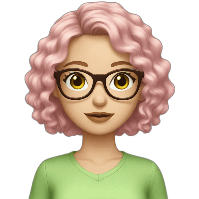 White Girl pink glasses green eyes wavy dark brown curly bob hair fringe emoji