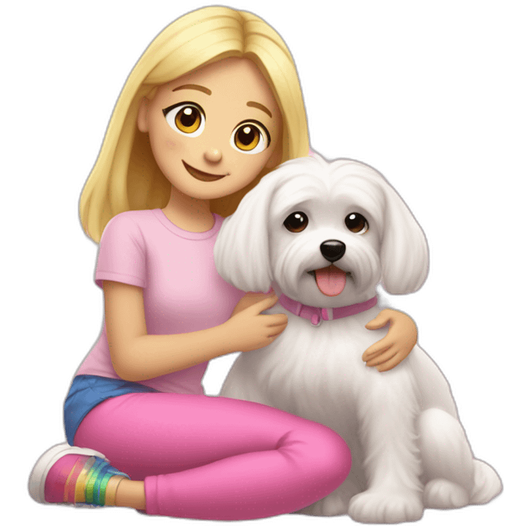 A girl with blonde hair in a ligh pink T-shirt and rainbow leggings hugs a maltese dog emoji