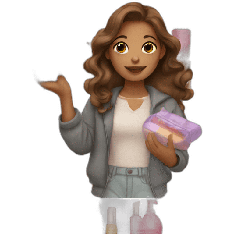 brown-haired girl holding cosmetic products in her hands emoji