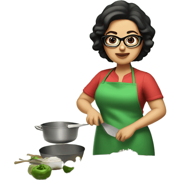 chubby lady with black hair green apron  with glasses cooking tacos emoji