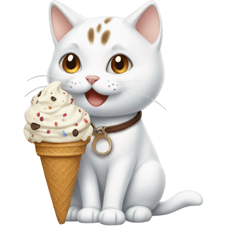 White cat with brown and brown spots eating ice cream emoji