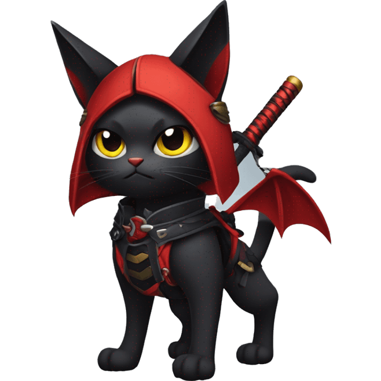 Cool Edgy Evil Samurai Litten-Nargacuga-Cat with black bat-wing-ears with a red harness full body emoji