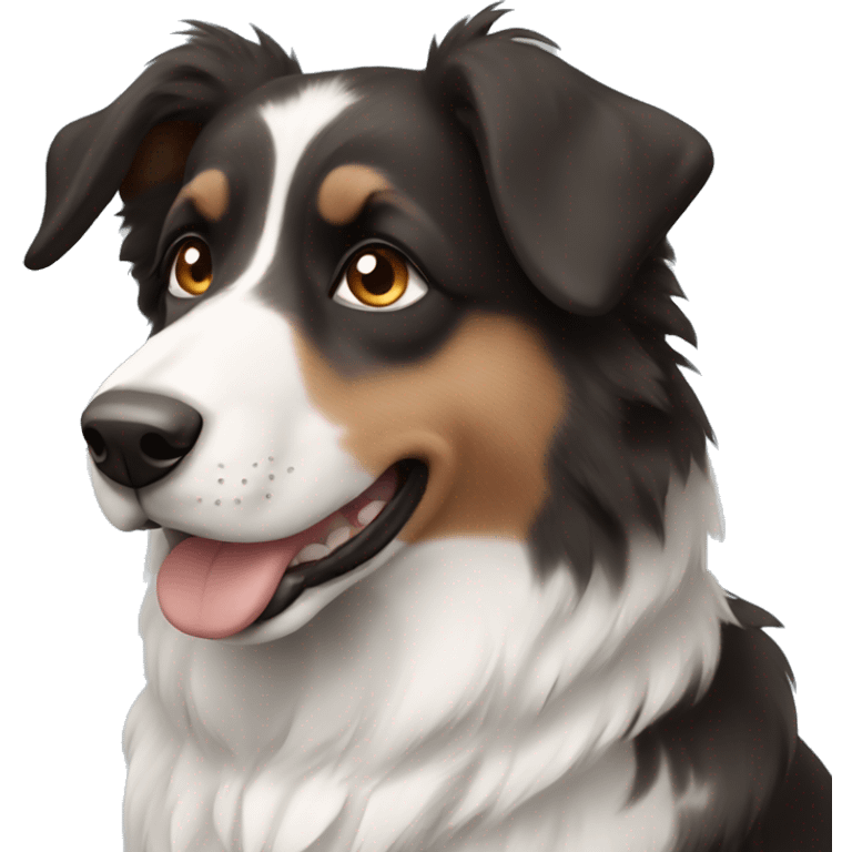 Austrian shepherd, black white and brown, light blue eyes emoji