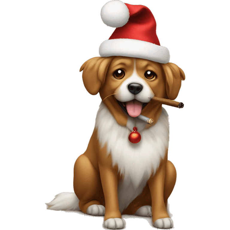 fluffy dog on wooden floor wearing Christmas hat smoking a cigar emoji