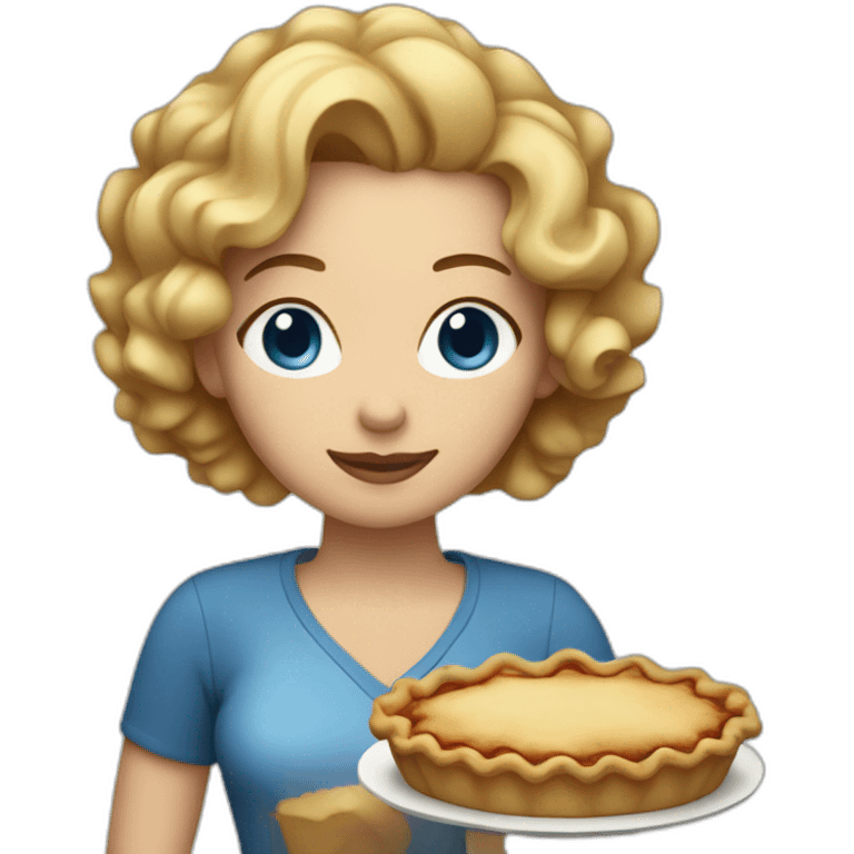 Woman with blue eyes and short curly blond hair holding an apple pie emoji