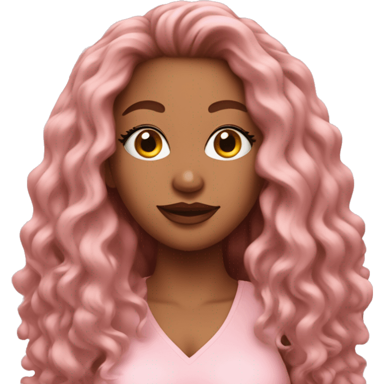 social media influencer with long 4C textured hair, curvaceous body and light pink clothing emoji