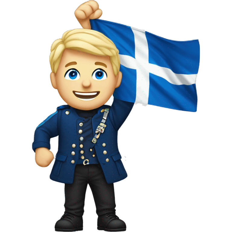 Male with blonde hair and blue eyes waving hand smiling with a Scotland flag 🏴󠁧󠁢󠁳󠁣󠁴󠁿  emoji