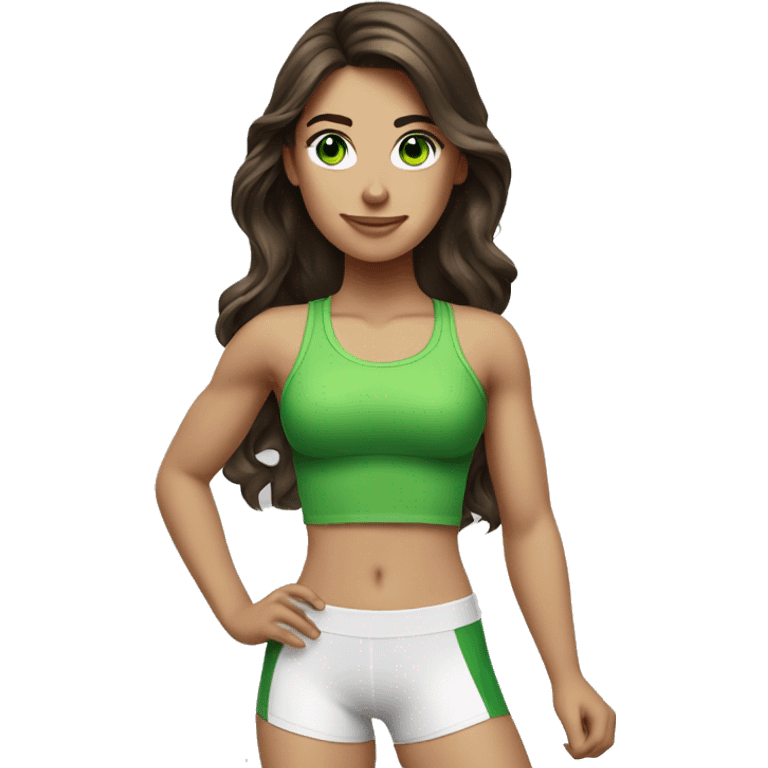 Fitness girl brunette long wavy hair with green eyes emoji