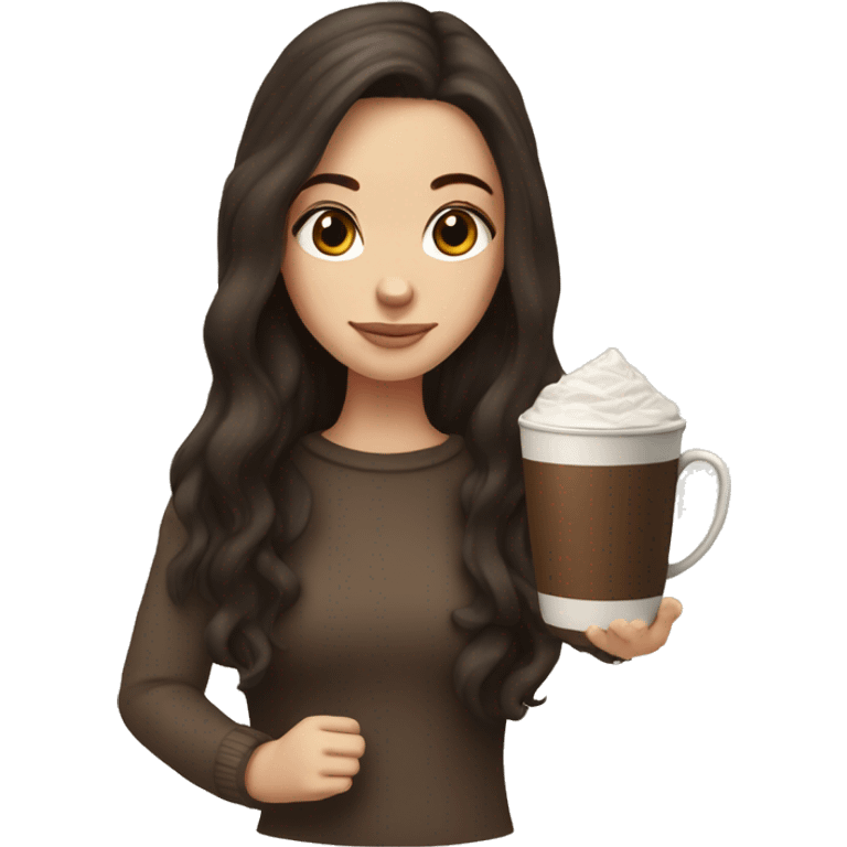 white girl with dark brown long hair, dark brown eyes, and a hot chocolate emoji