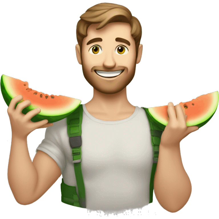 ￼ a good looking happy white man with brown hair and green eyes holding a melon in his arms emoji