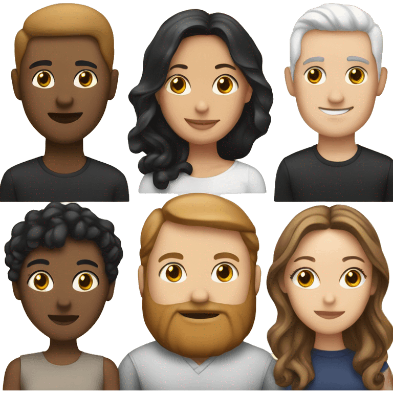 7 people: 5 women, 2 mixed raced, 3 white and 2 men 1 bold American 1 black haired white emoji