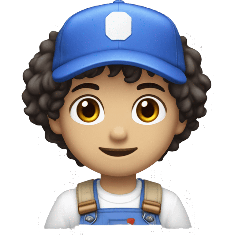 Black messy hair, white overalls, blue long sleeve shirt, Blue eyes, Brown shoes, white gloves, S in the blue cap logo, Smg4, Tan emoji