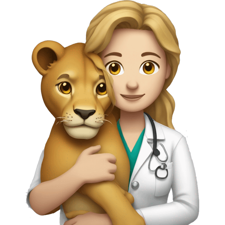 Woman veterinarian with light brown hair cuddling a lion emoji