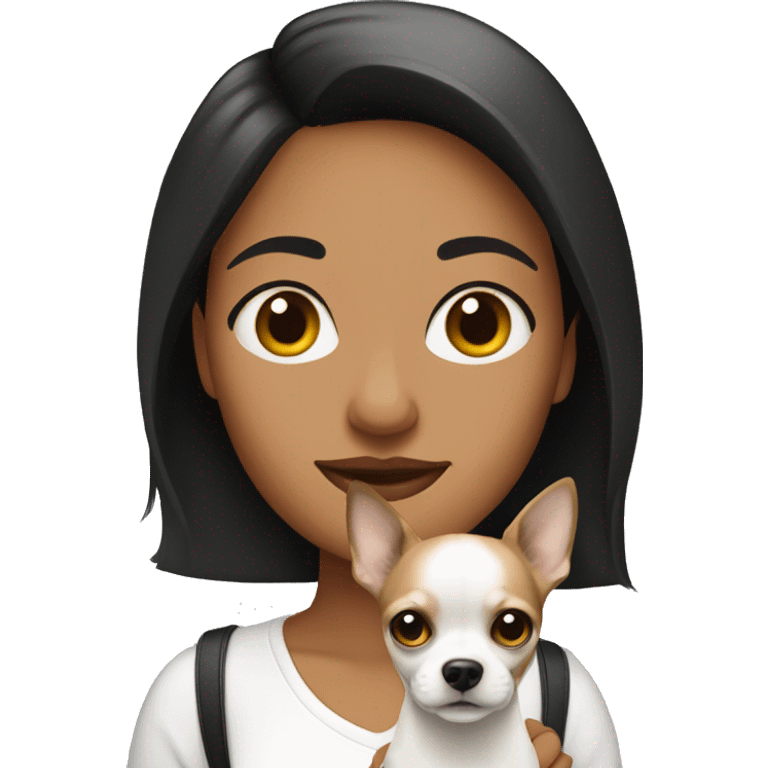 mujer con pelo negro y su Chihuahua blanco con manchas cafe emoji