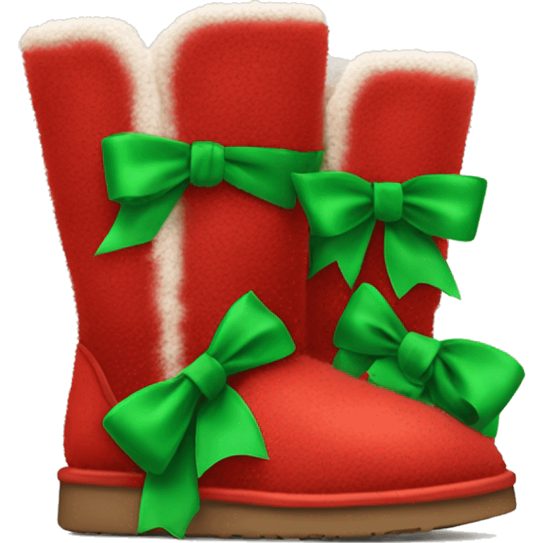 Realistic red Ugg fur boots with gree ribbon bows isolated.  emoji