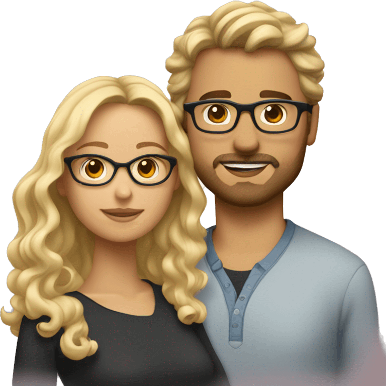 Couple in love. She has brown eyes and wears glasses, has blonde wavy Hair. He has short dark hair, three-day beard and look like a movie Star emoji