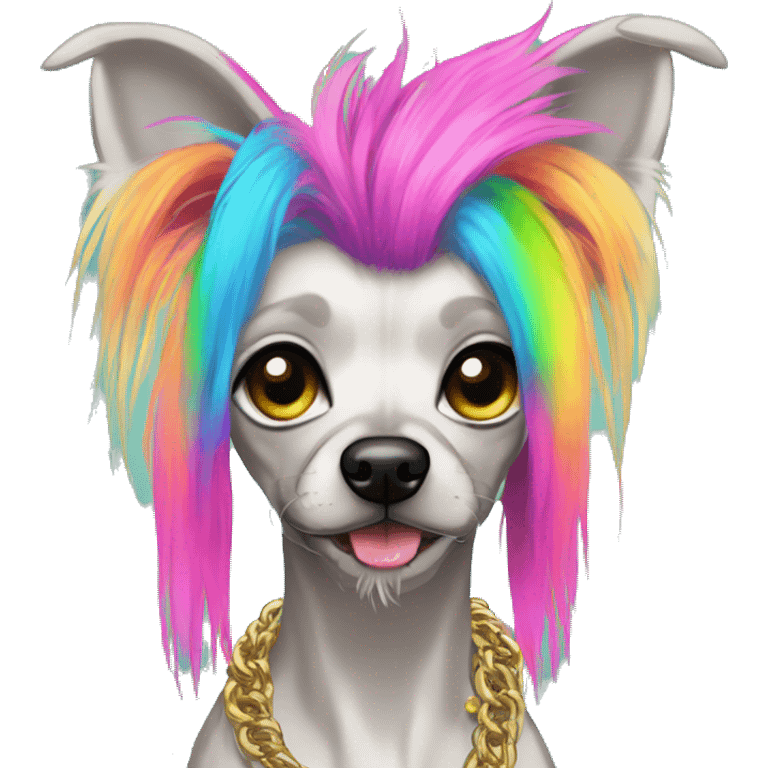 Punk Chinese crested dog neon rainbow hair gold chain piercings tattoos ear piercings emoji