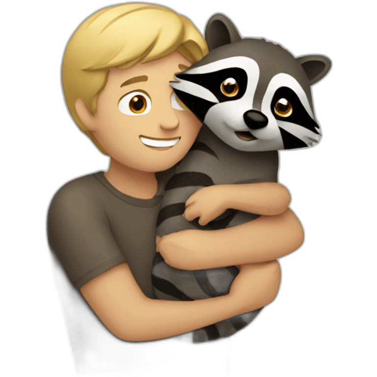 Dark blonde guy hugging a raccoon emoji