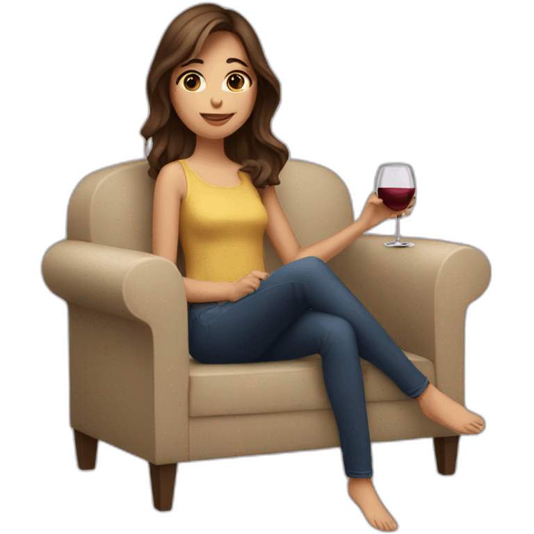 Girl with brown hair and brown eyes drinking wine sitting on a sofa emoji