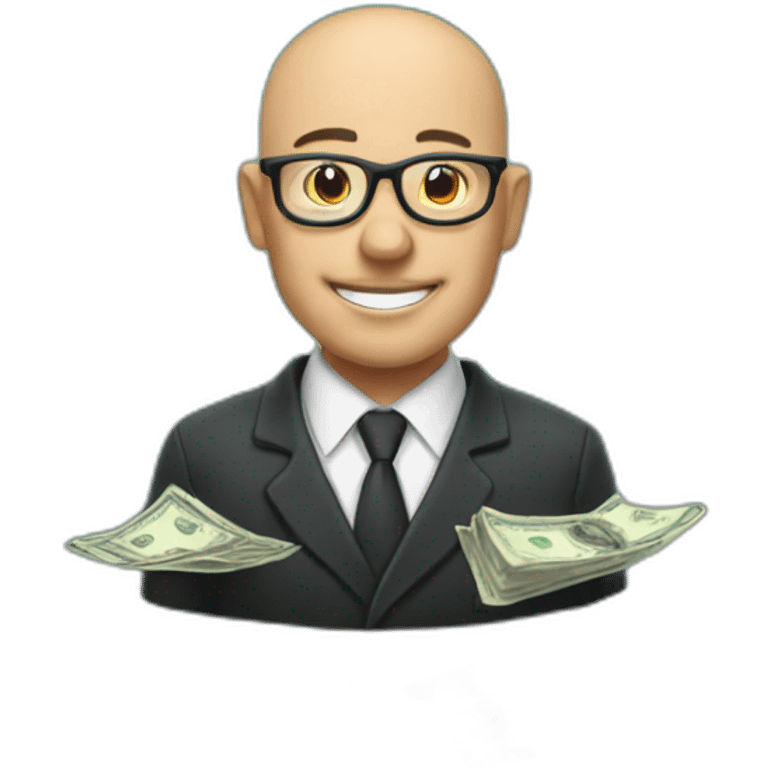 Bald lawyer with glasses showered in dollars emoji