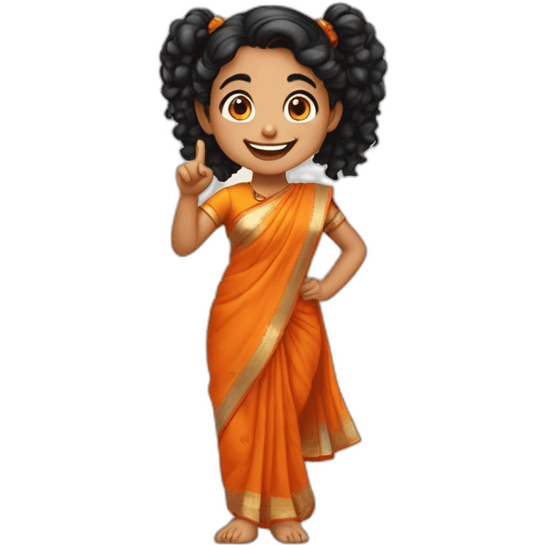 smiling and pointing 3 years old indian girl with black curly hair in pigtails wearing a orange saree emoji