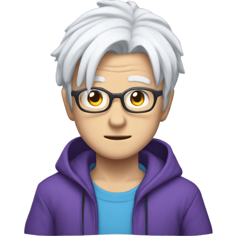 anime character named Saturo Gojo that has white hair, glasses, blue eyes, and wears purple clothing emoji