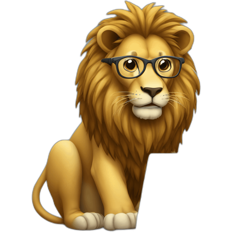 Lion working in laptop with glasses emoji