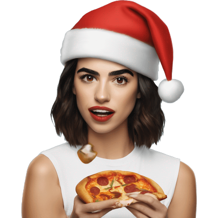 Dua lipa eating pizza with a Santa hat on  emoji