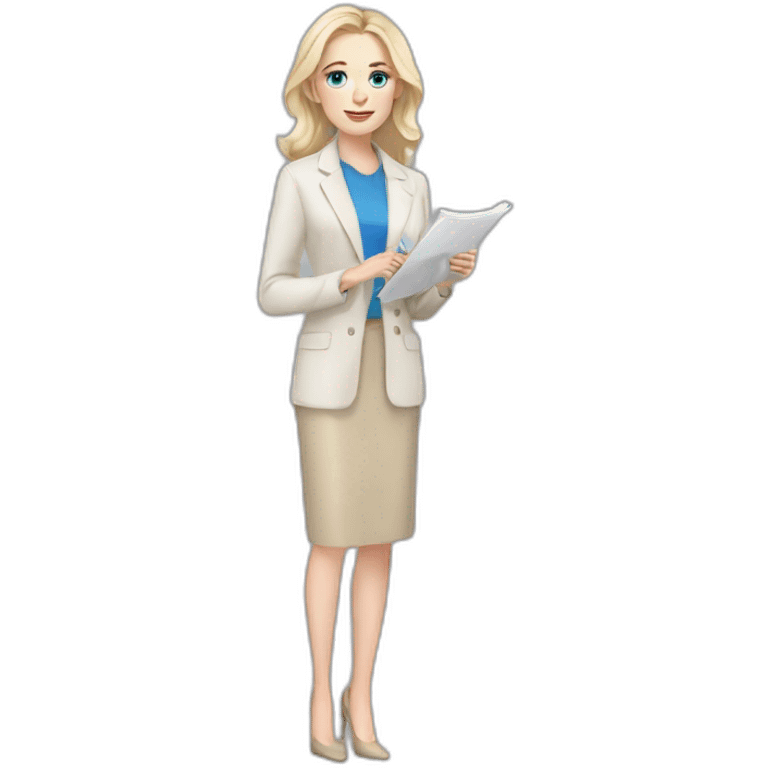 pale skin woman interior designer with cold blonde middle length hair, blue eyes, beige blouse, White oversize jacket, Gray skirt holding a color palette in the hands emoji