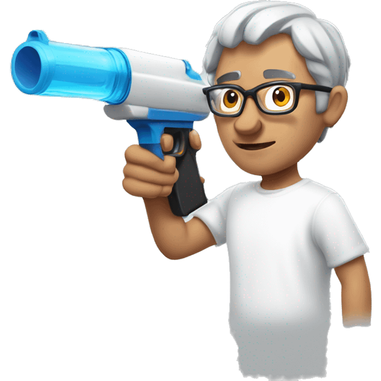 Turkish man with grey hair and protective glasses and white t-shirt aiming a water gun with one hand while standing sideways emoji