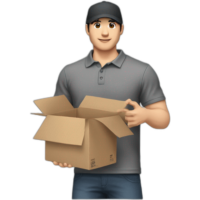 Pale skinned fit Man with black hair in a gray cap and dark gray polo T-shirt keeping a box into his hands emoji