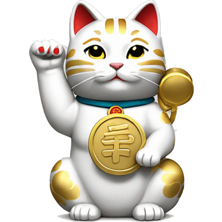 Japanese white maneki neko cat with its left arm raised and its right arm holding a golden koban coin emoji