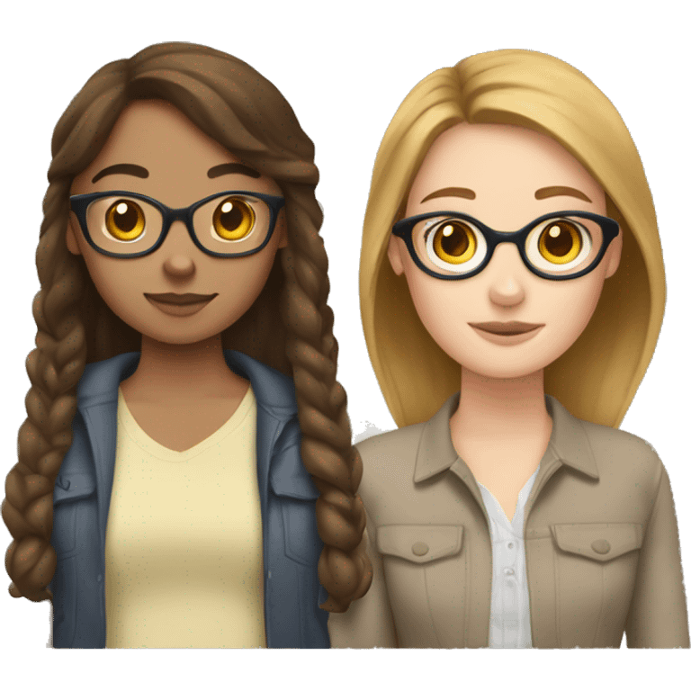 Two white girls with brown hair, one has glasses and is tanner than the other emoji