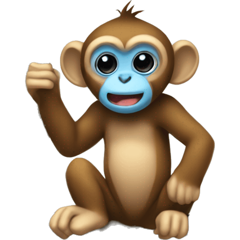 A cute tiny kawaii monkey with blue face and brown fur and big black eyes sitting on a branch with a long tail hanging down emoji