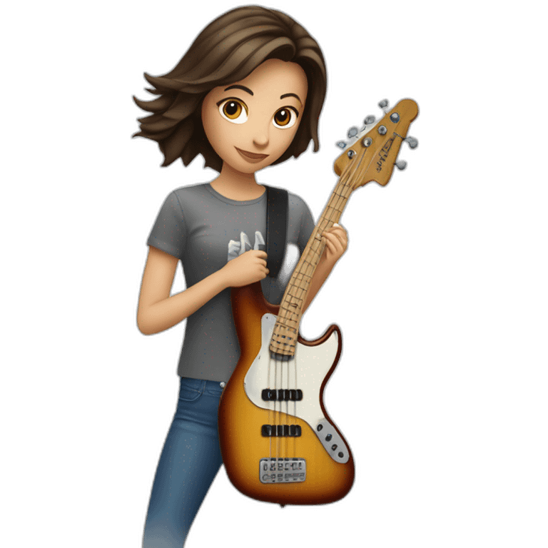 White brunette in t-shirt playing four string electric bass guitar emoji