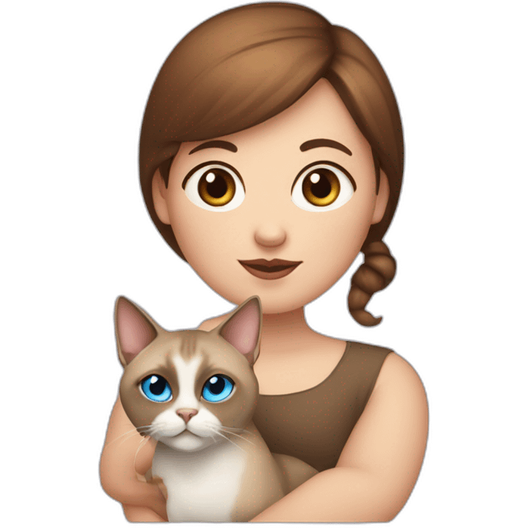 Blue-eyed fat girl with brown hair with siamese cat and miniature pincher emoji