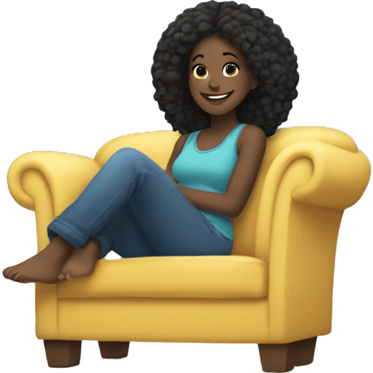 black girl, with straight hair, lounging on a comfy blue couch, with her feet up, looking relaxed, happy emoji