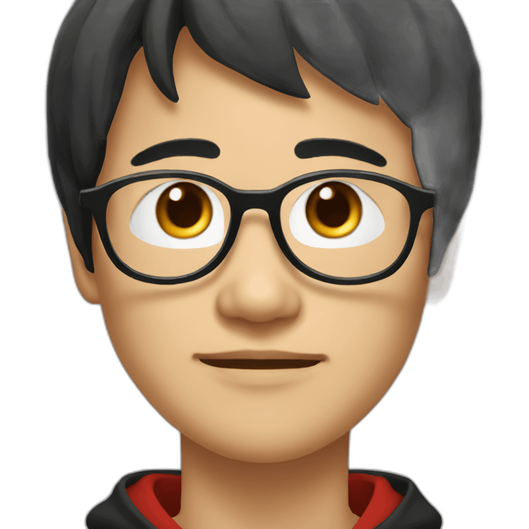 A mature Chinese boy with black hair and circle-shaped eyeglasses wearing black hoodie emoji