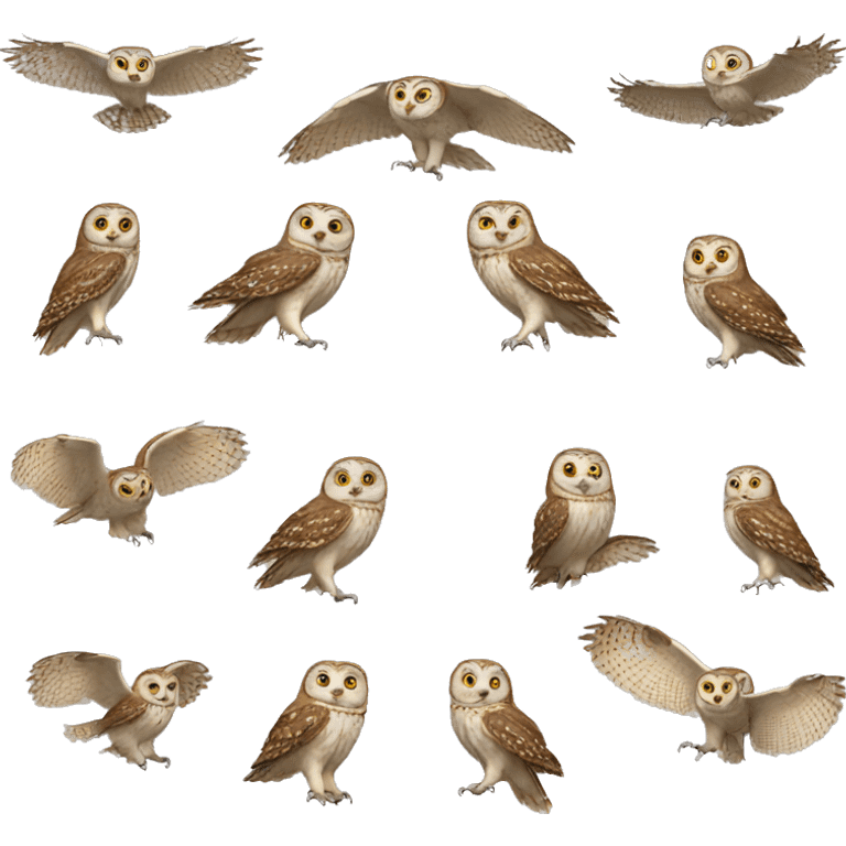 draw 10 identical owls but in different positions emoji