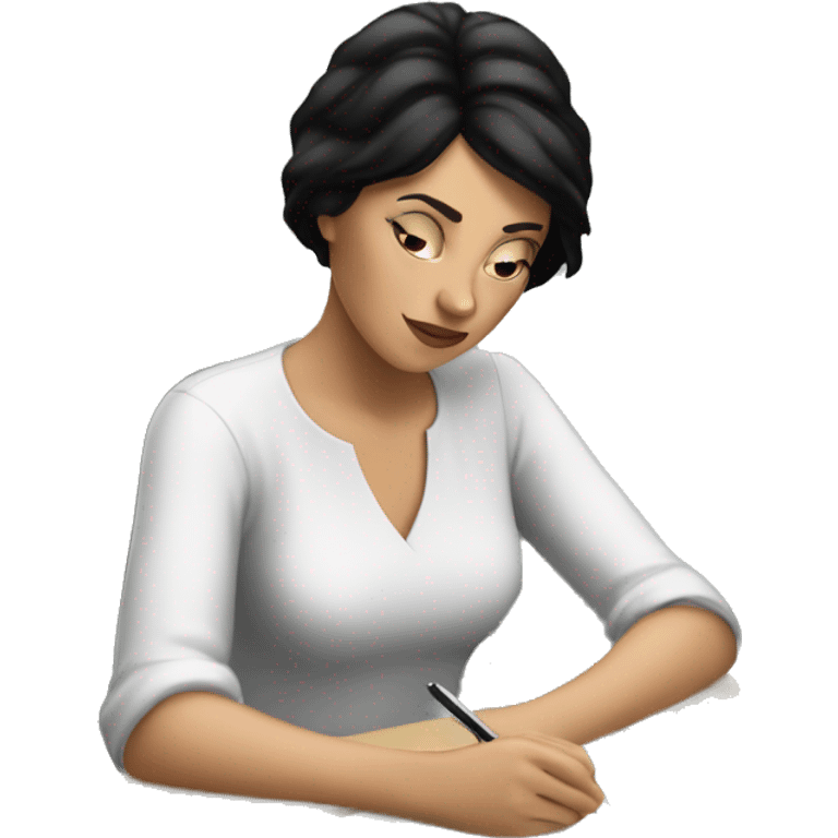 white woman with short black hair writing  a notebook on a desk emoji