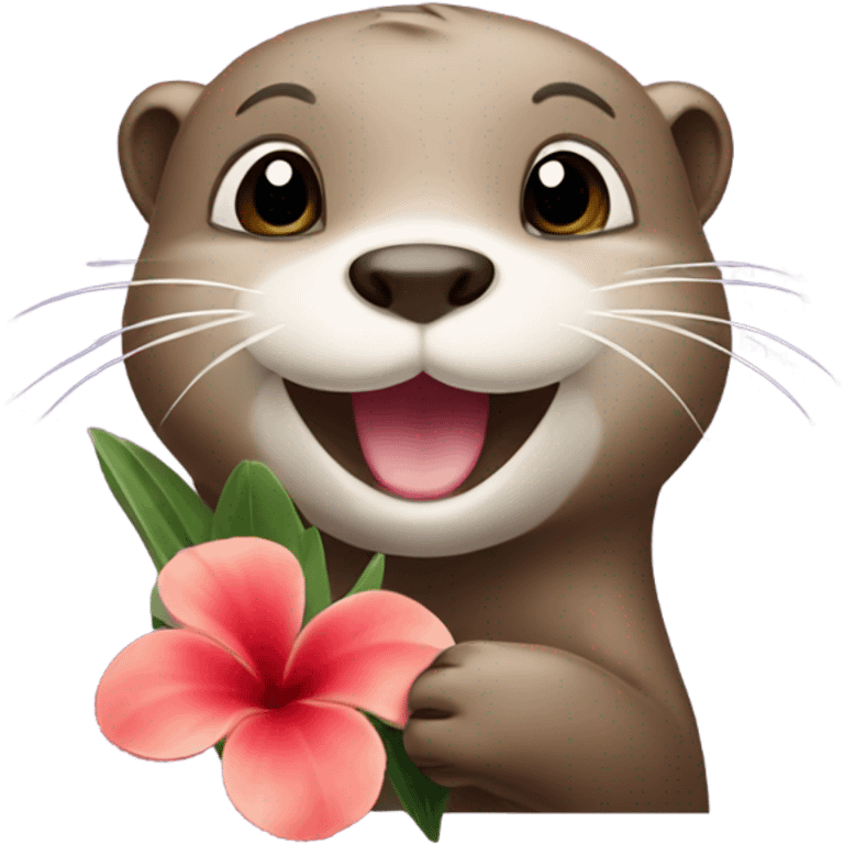 A happy and cute otter face holding a Hawaiian flower emoji