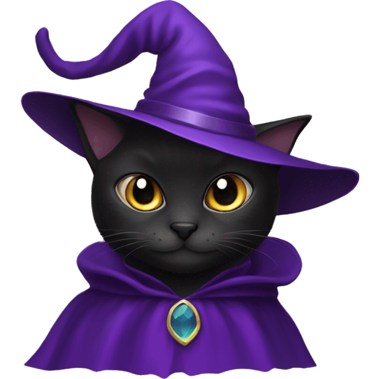 Black cat with a purple cape and purple witch hat emoji