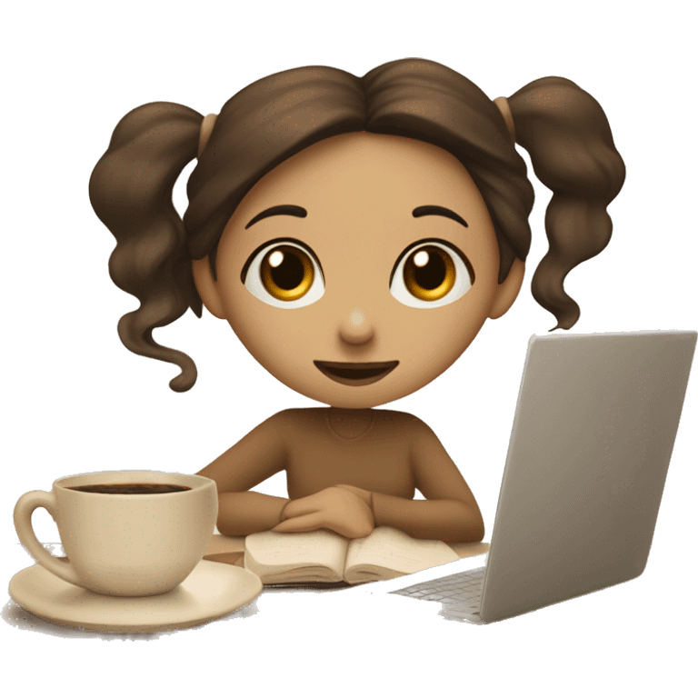 Half face of a girl at the laptop. A a cup of coffee on the left side of the table. Books on the right side of the table. in beige tones emoji