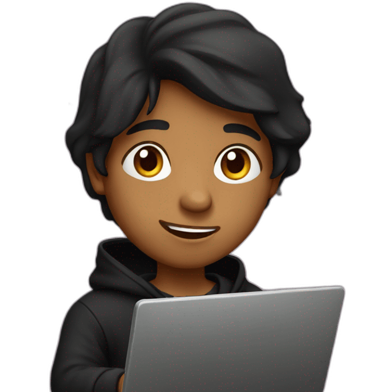 Indian boy wearing a black hoodie with laptop with space background emoji