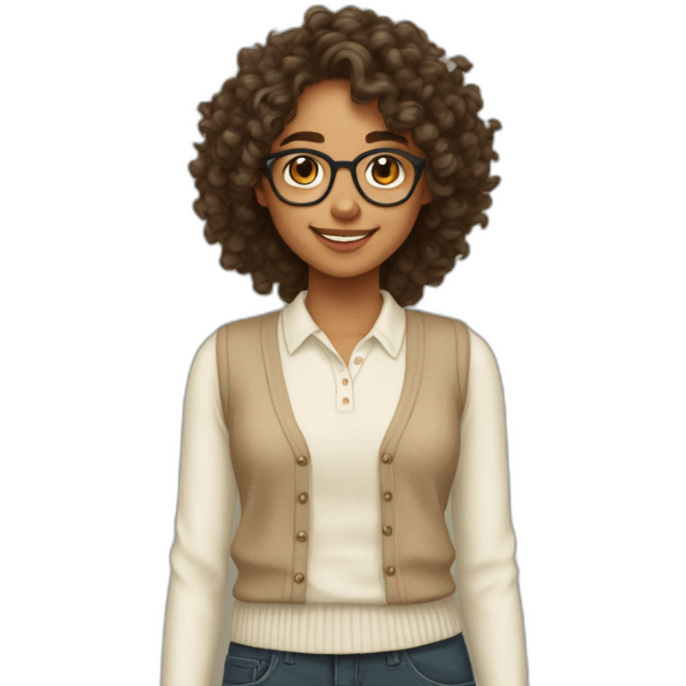 smiling indian teenage girl with curly hair and glasses wearing a collared long sleeve white shirt under a beige v shaped collar sweatervest emoji