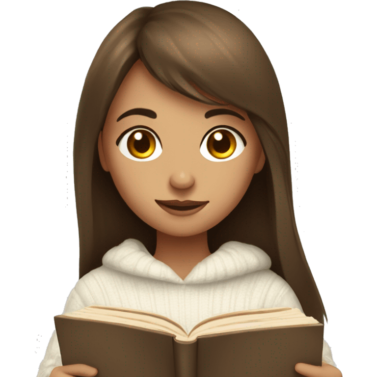 Girl with brown long hair and bangs with a cozy white sweater reading a book emoji