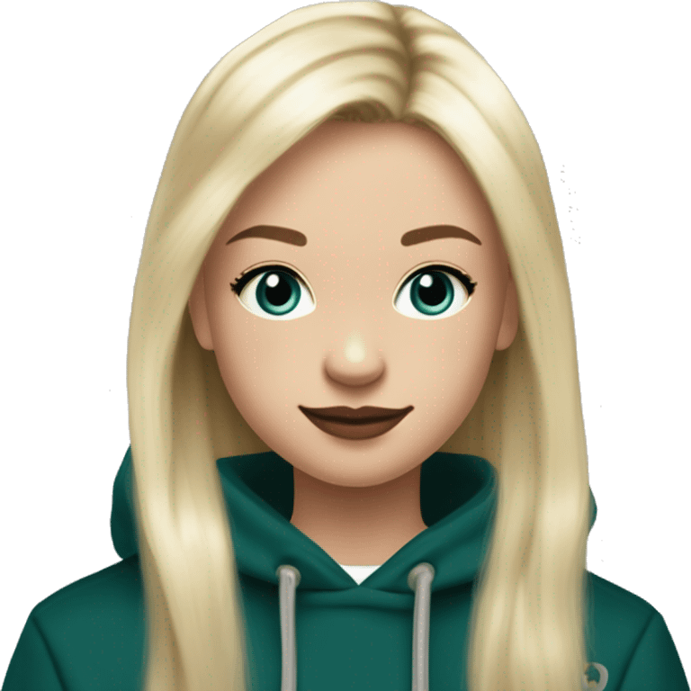 14 year old with long light blonde hair, middle part, chin length curtain bangs, smirking smile, dark teal eyes, long black eyelashes, wears a mulberry hoodie, black leggings, mulberry converse, black pearl earrings, wears a silver cancer sign necklace. emoji